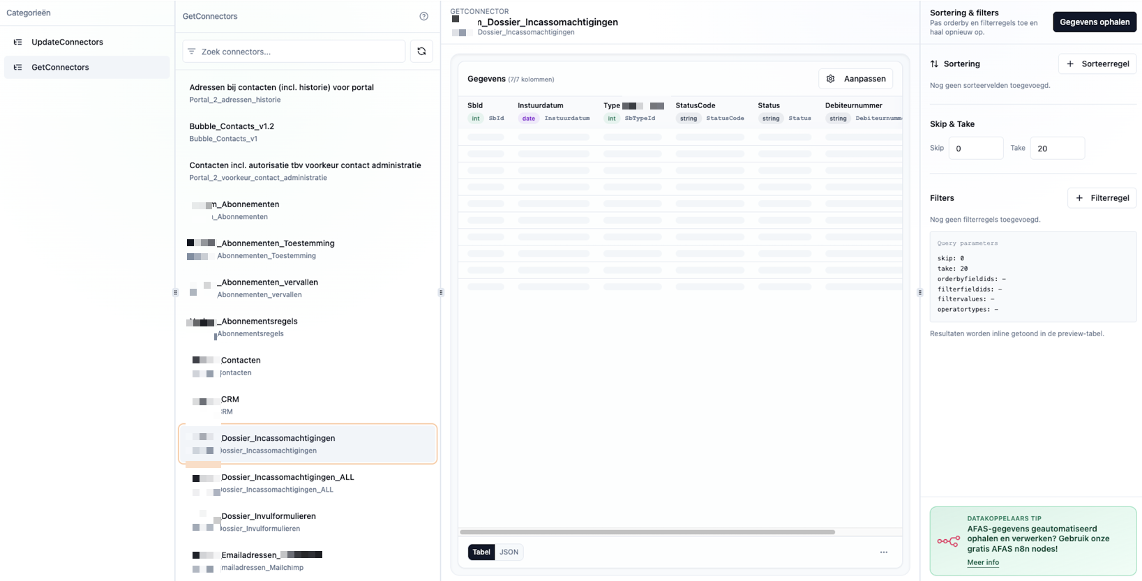AFAS Connect Wizard - overzicht van beschikbare GetConnectors met live data preview en filteropties