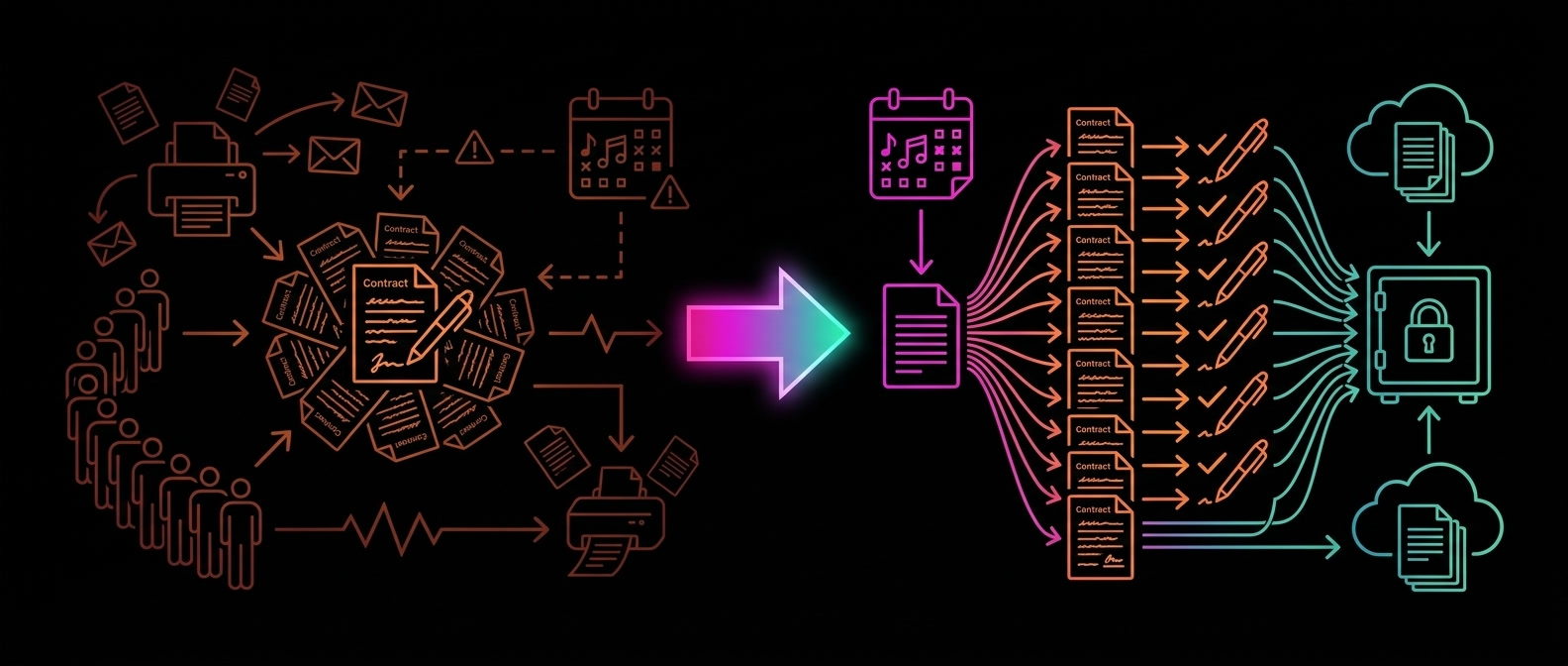 Voor → na: handmatig één-voor-één tekenen versus DocuFarm batch signing via sjablonen en Signhost (neon-schematic)
